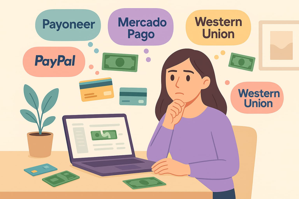 Mujer escogiendo plataformas confiables para recibir pagos internacionales sin cuenta bancaria, utilizando billeteras digitales como alternativa principal.