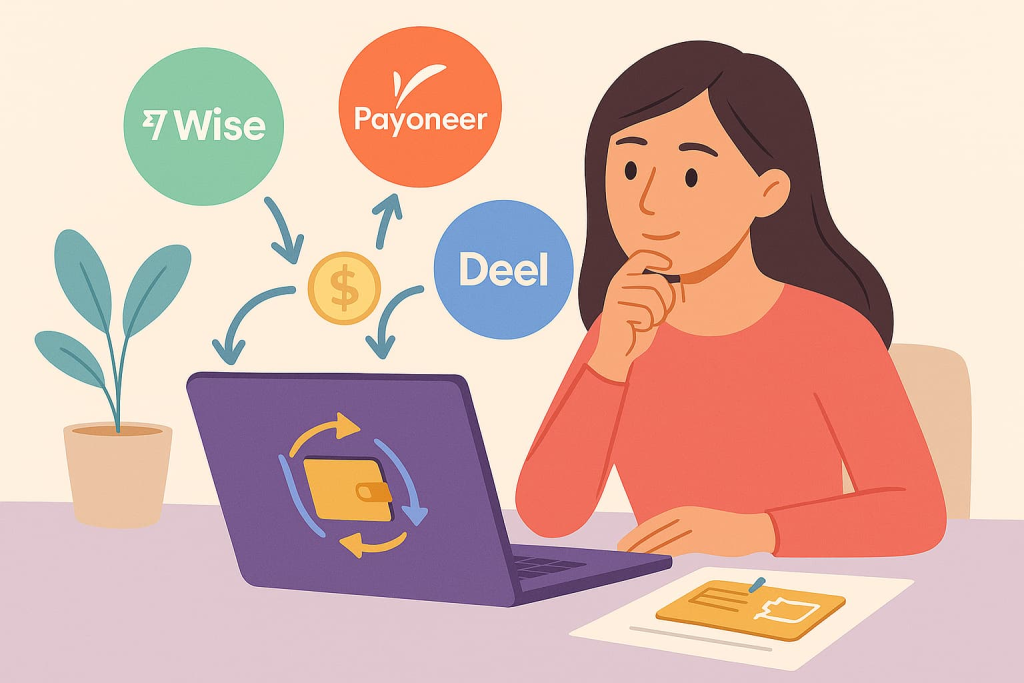 Mujer organizando métodos para recibir pagos digitales desde su laptop, conectando plataformas como Wise, Deel y Payoneer