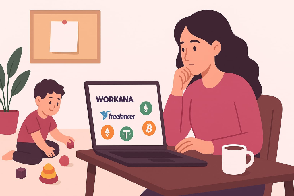 Mamá trabajando desde casa en plataformas que pagan en criptomonedas por trabajo remoto