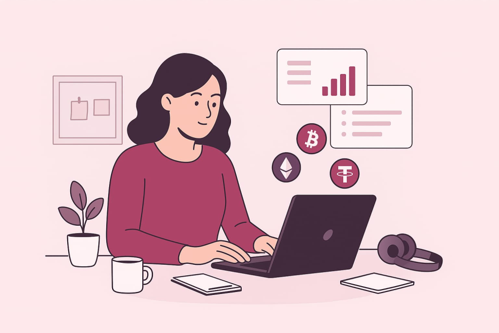 Mamá freelancer aplicando a trabajos remotos en plataformas que pagan en criptomonedas