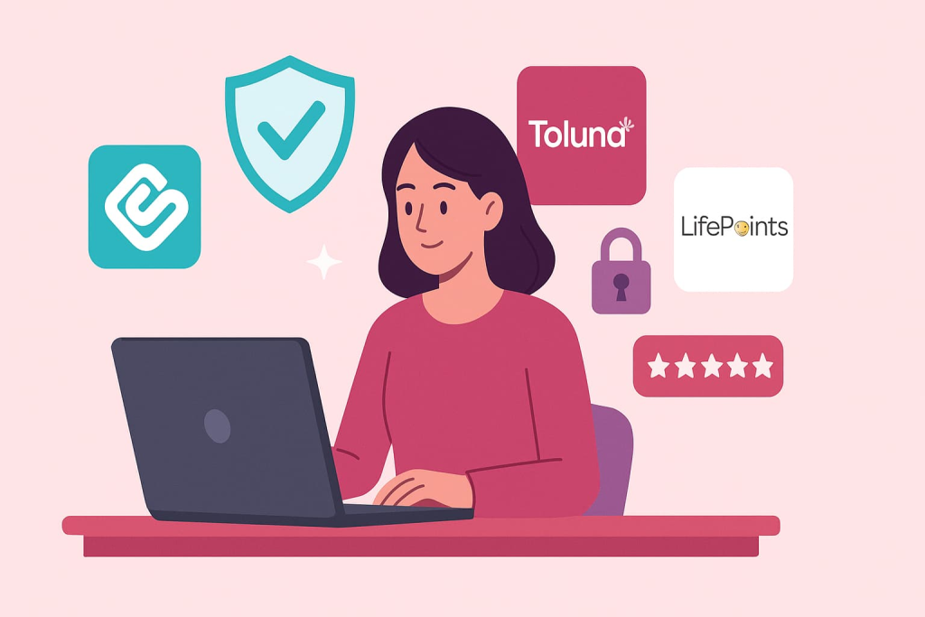 Mujer aplicando en plataformas de encuestas confiables desde su laptop