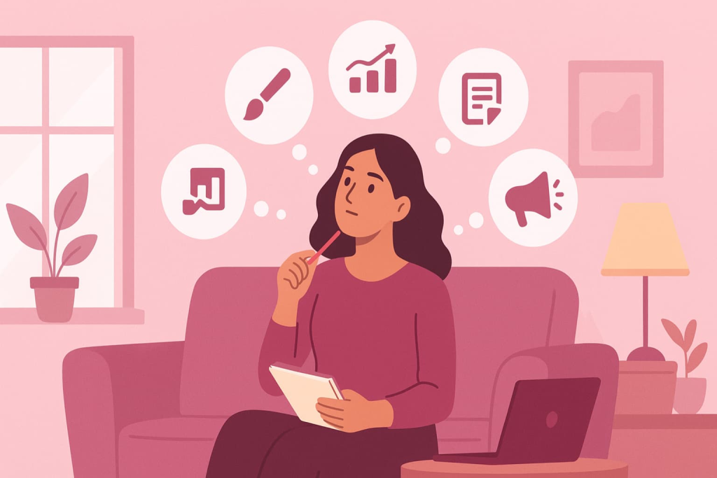 mujer reflexionando en casa sobre nuevas oportunidades laborales digitales y empleos desde casa con alta demanda