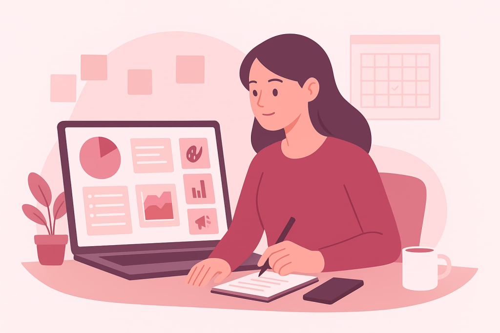 mujer analizando paso a paso empleos desde casa con alta demanda en su laptop mientras toma notas estratégicas