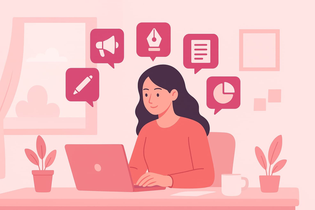 mujer trabajando desde casa frente a laptop representando empleos desde casa con alta demanda