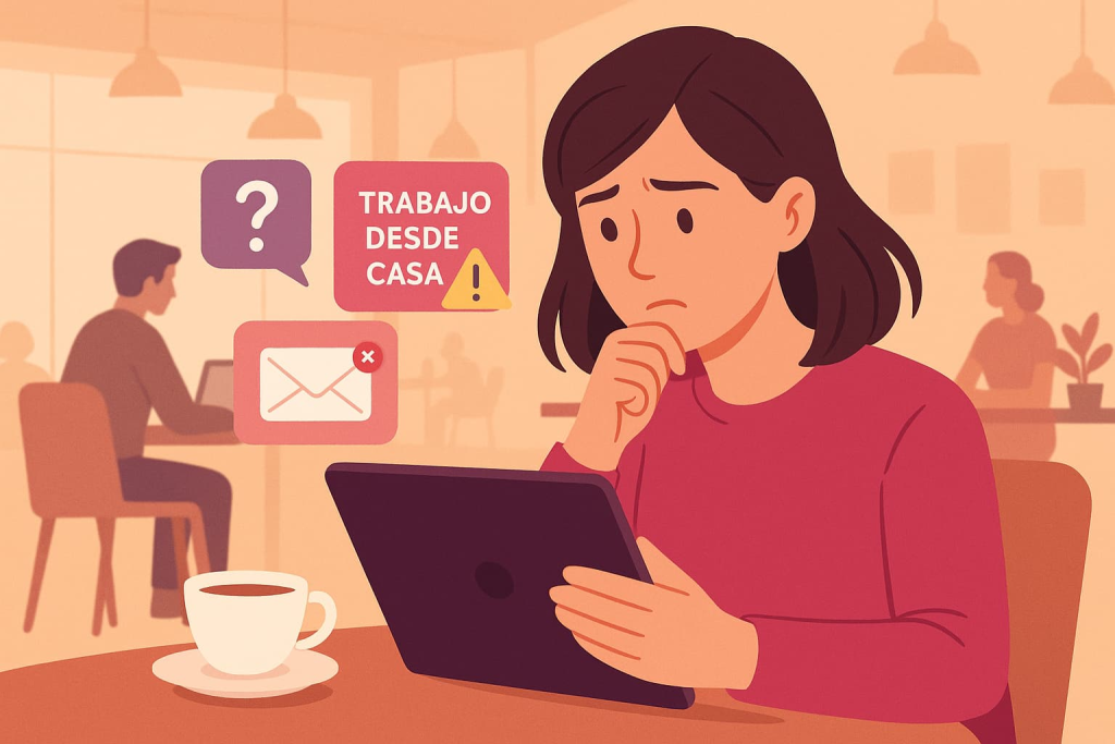Mujer en cafetería analizando ofertas remotas con dudas ante posibles fraudes laborales