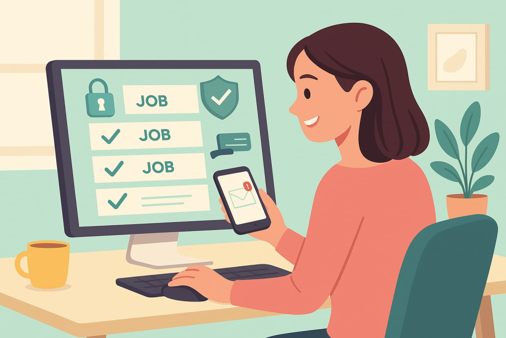 Mujer seleccionando ofertas remotas confiables en internet desde su computadora