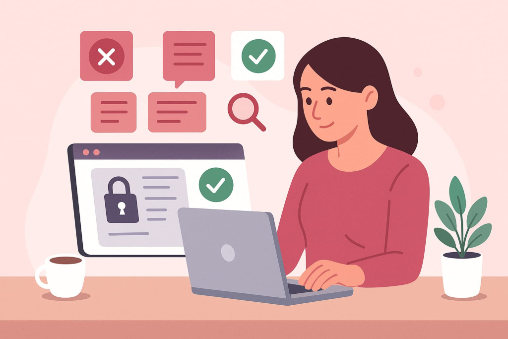Mujer revisando ofertas remotas confiables en internet desde su laptop