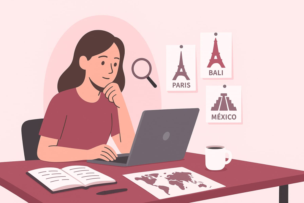 Mujer reflexiva frente a laptop planificando trabajos remotos para nómadas digitales