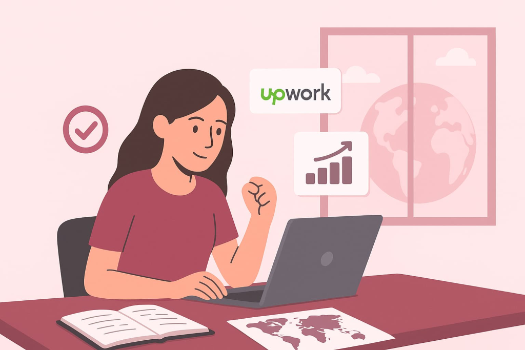 Mujer trabajando en laptop con pantallas digitales representando trabajos remotos para nómadas digitales