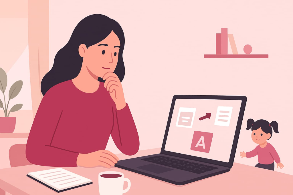 mamá soltera buscando oportunidades digitales desde casa con su laptop