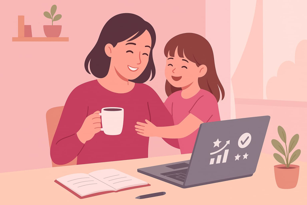 mamá soltera trabajando feliz desde casa con éxito digital