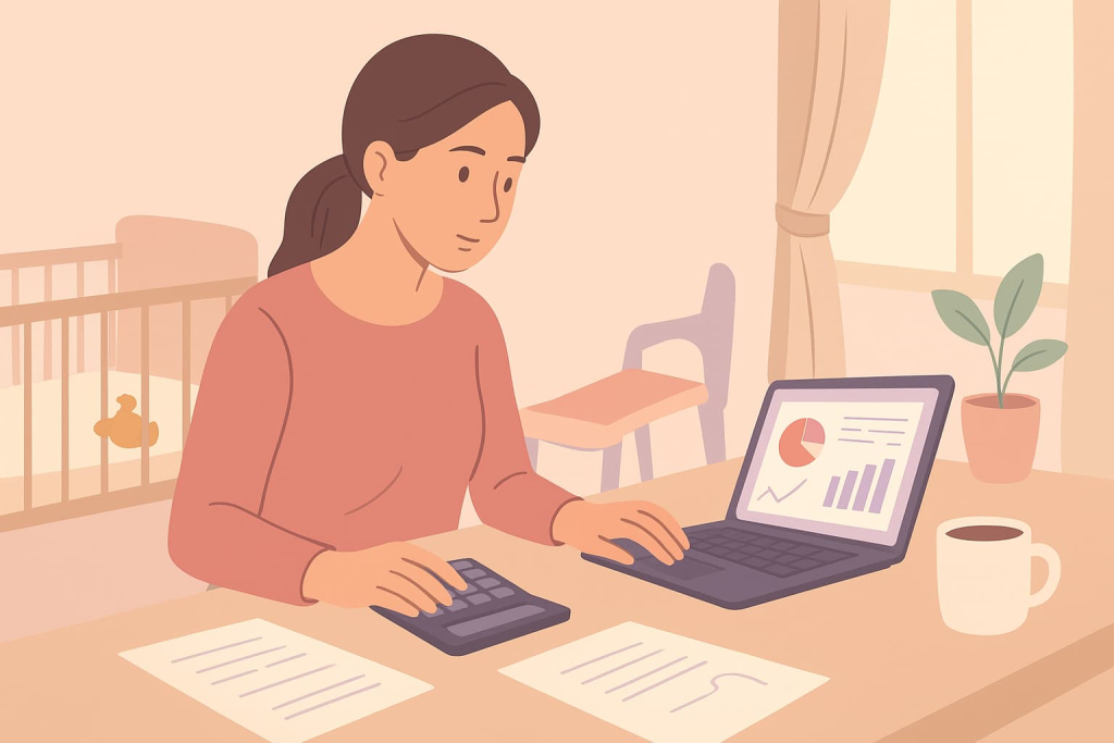mamá profesional organizando su presupuesto como freelancer digital desde casa