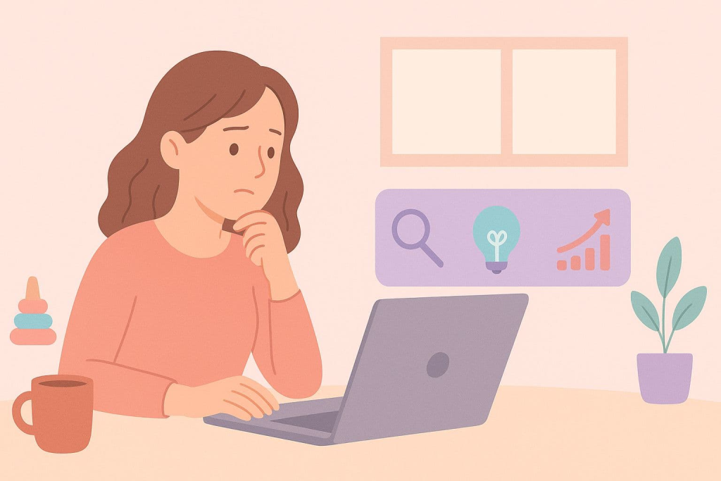 mamá reflexionando sobre cómo prepararse para trabajos online desde cero