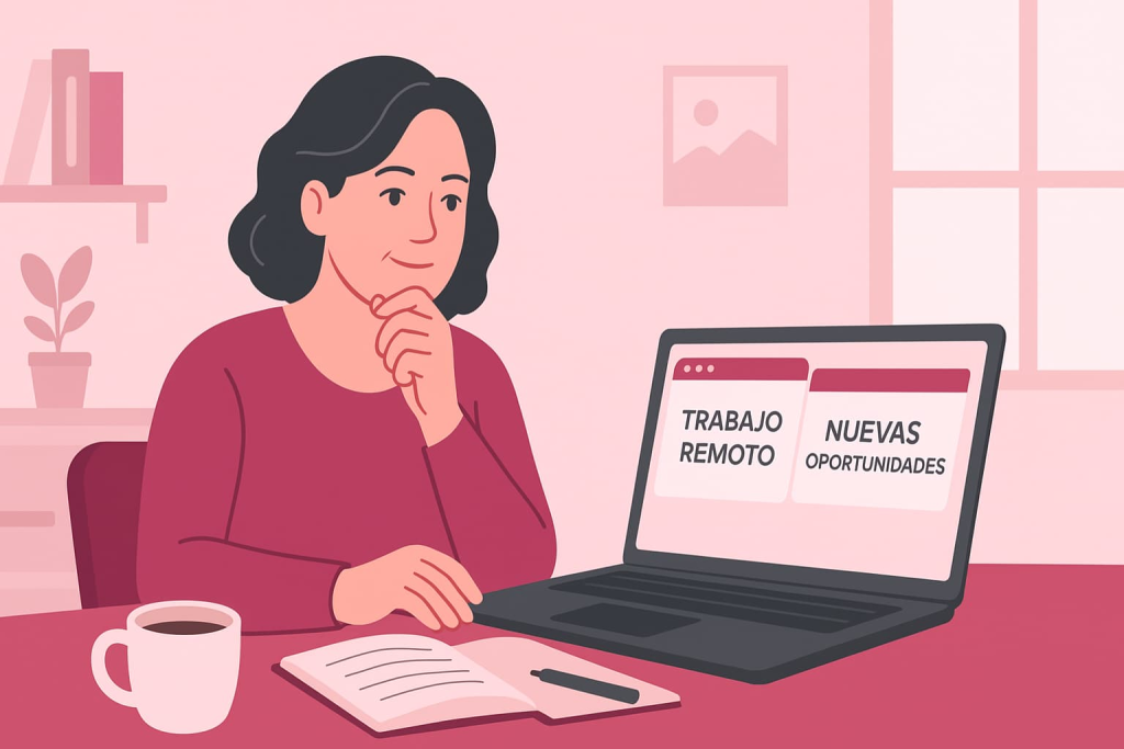 Mujer mayor de 45 explorando empleos remotos y nuevas oportunidades desde casa