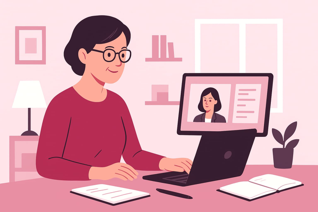Mujer mayor de 45 trabajando de forma remota con confianza y éxito desde casa