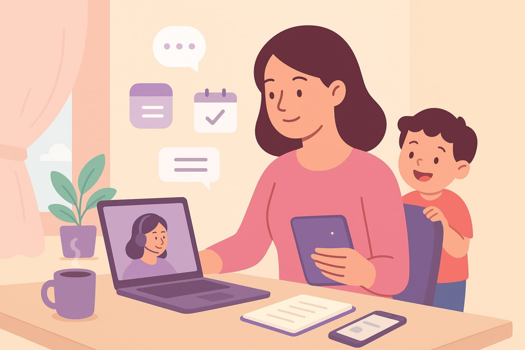mamá iniciando su jornada de atención al cliente remoto con herramientas digitales