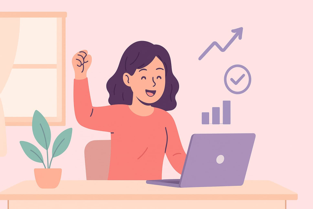 profesional celebrando sus oportunidades remotas y éxito laboral desde casa