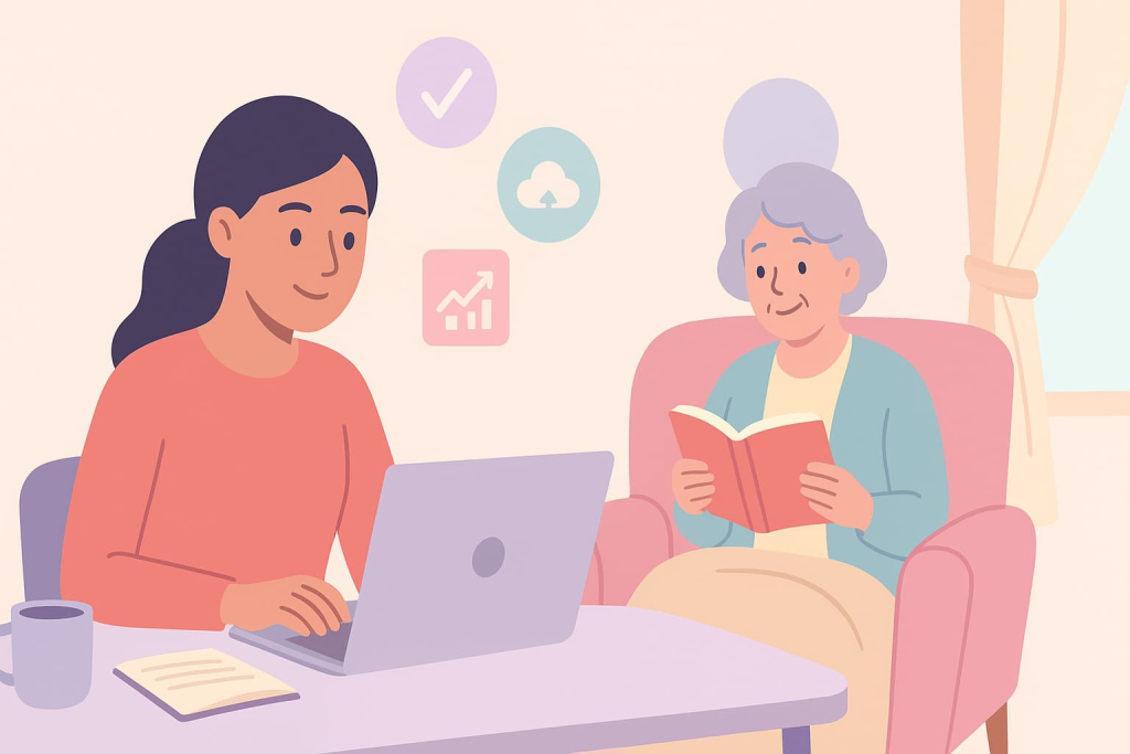 cuidadora sonriente trabajando online mientras su familiar lee tranquilo