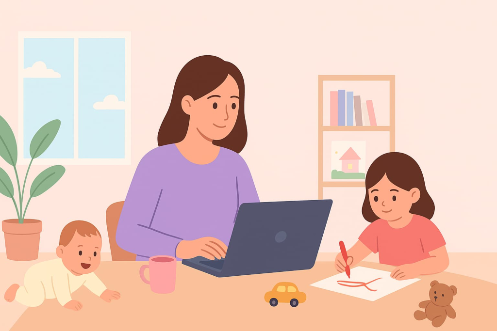 “Madre trabajando desde casa mientras sus hijos juegan y dibujan, representando los nuevos trabajos desde casa para padres con hijos pequeños.”