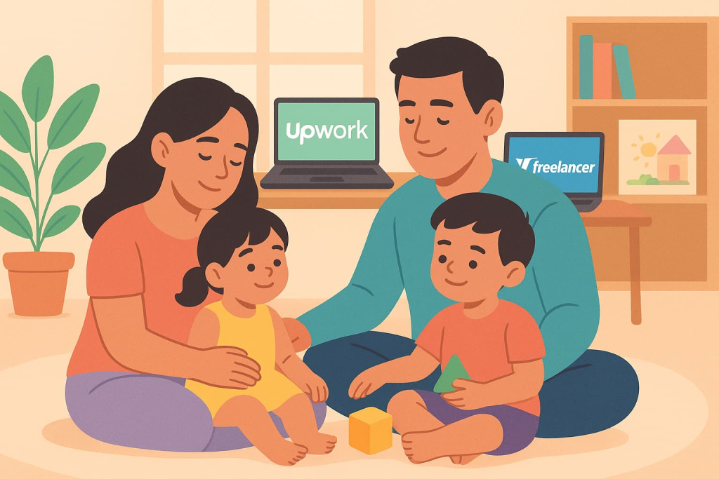 “Familia trabajando desde casa con laptops y logos de Upwork y Freelancer al fondo, simbolizando equilibrio entre trabajo remoto y vida familiar.”