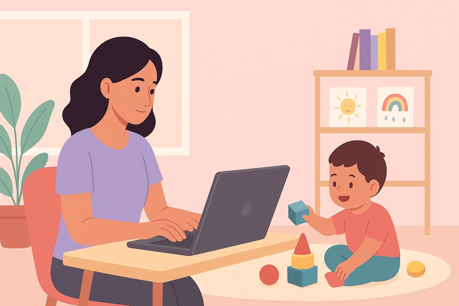 “Madre trabajando desde casa mientras su hijo juega, representando equilibrio familiar y bienestar.”