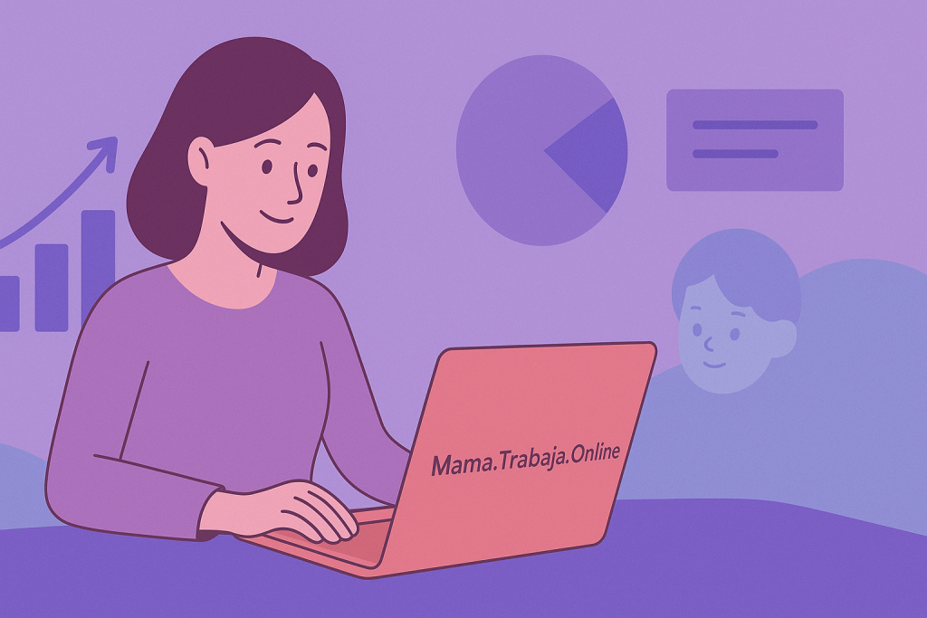 Madre trabajando desde casa frente a su laptop, aplicando estrategias para desarrollar resiliencia laboral y equilibrio familiar.
