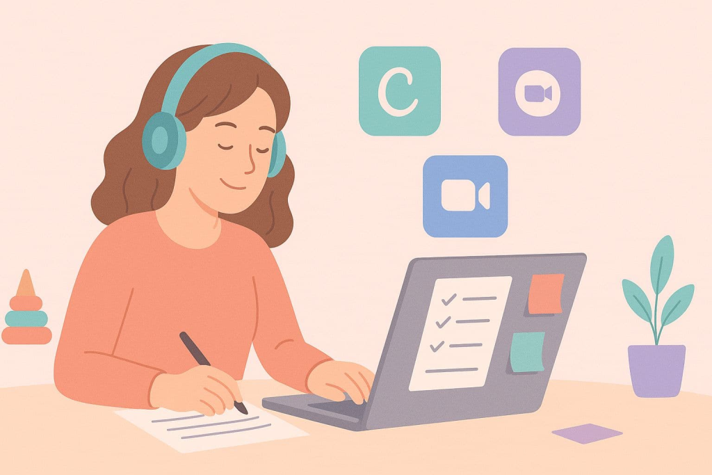 mamá trabajando online muy cómoda