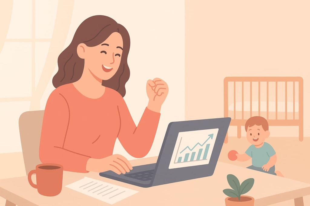 mamá profesional feliz y eficiente organizando sus finanzas digitales desde casa