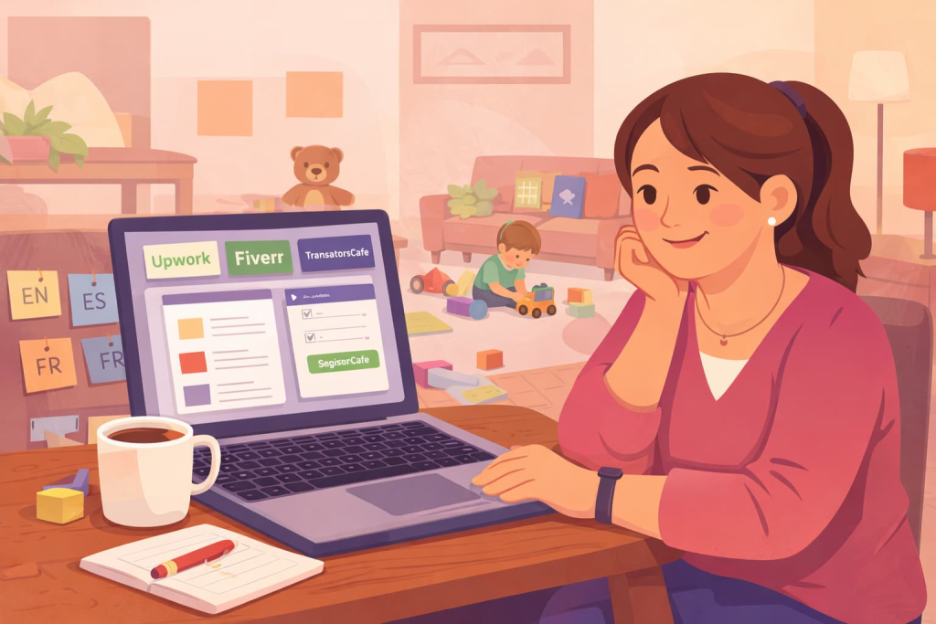 mamá traductora investigando cómo registrarse en plataformas de trabajo