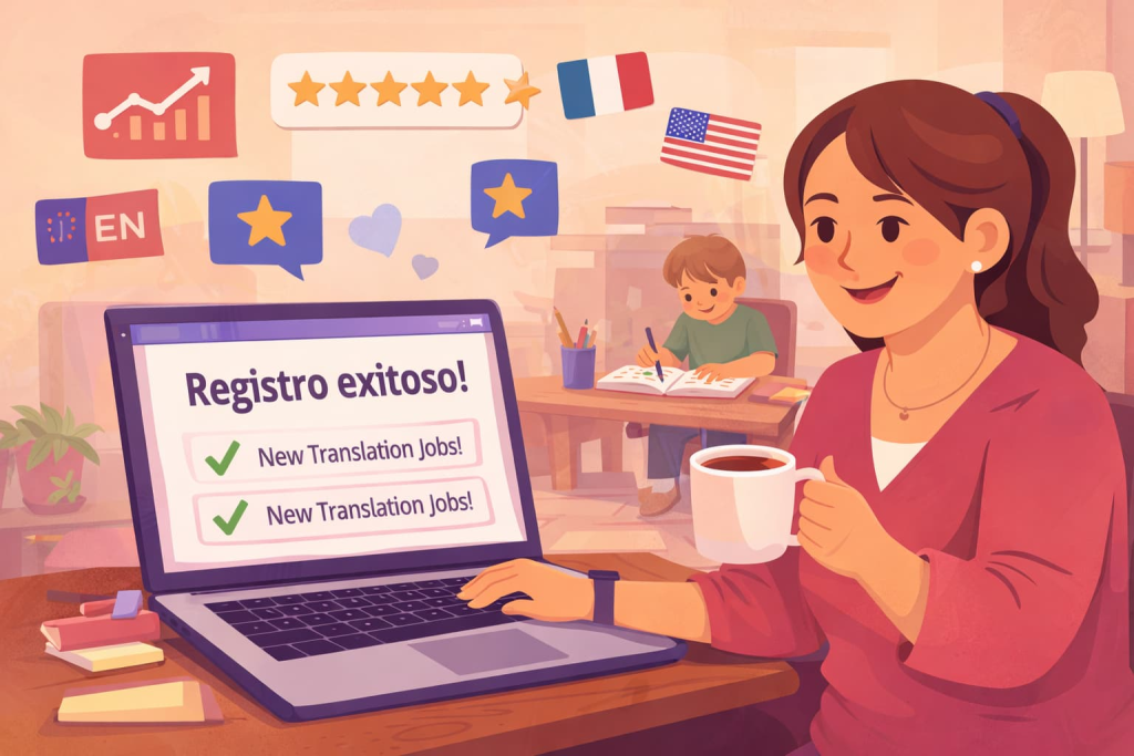 mamá traductora completando su registro en plataformas de trabajo freelance