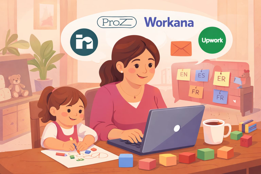 mamá traductora registrándose en plataformas de trabajo freelance