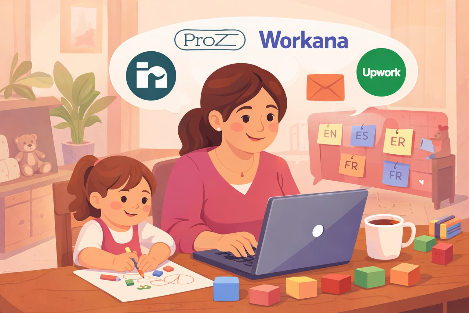mamá traductora registrándose en plataformas de trabajo freelance