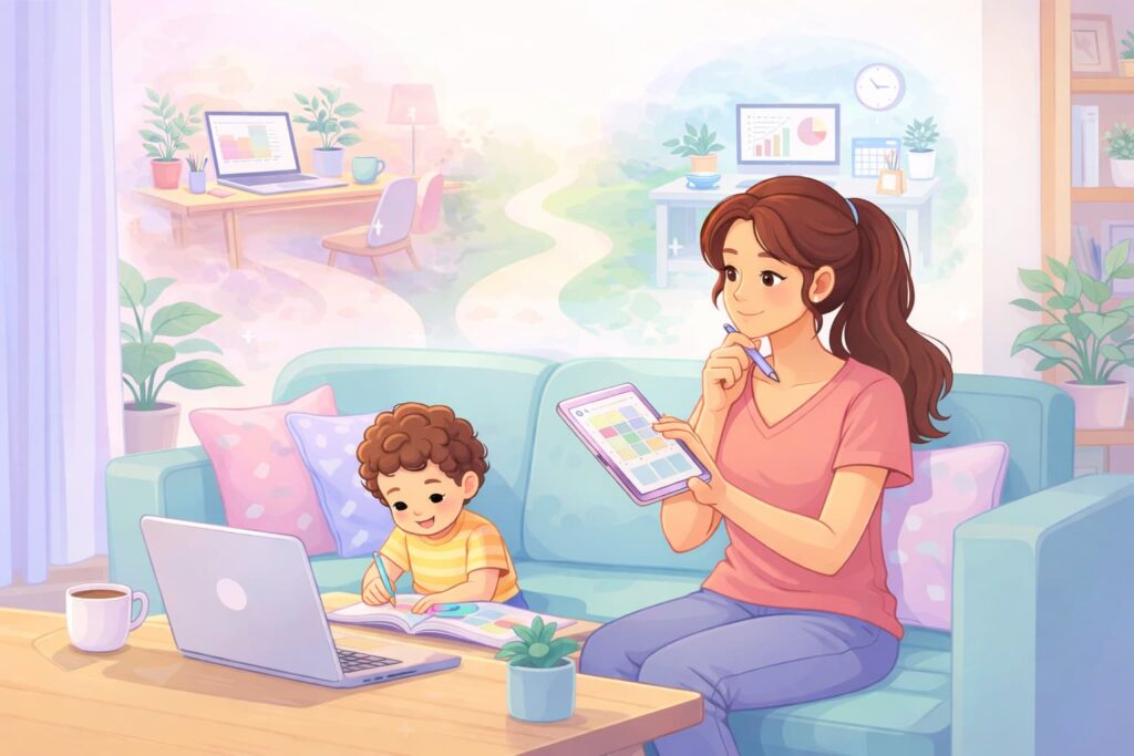Freelance vs. trabajo fijo: mamá reflexionando desde casa sobre su rutina laboral junto a su hijo