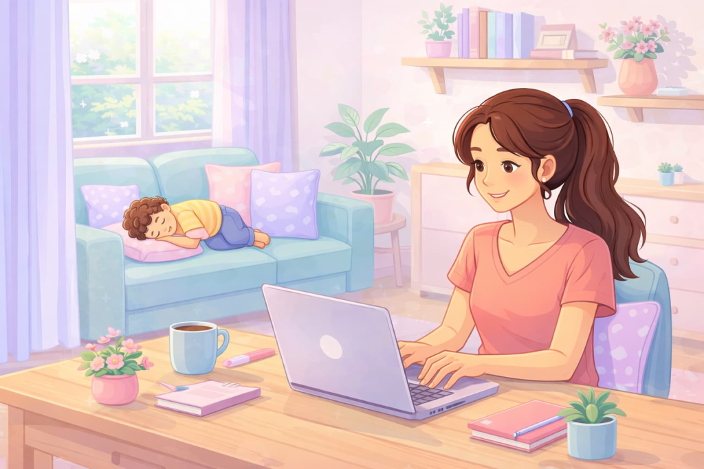 Freelance vs. trabajo fijo: mamá sonriente trabajando como freelance desde casa mientras su hijo duerme tranquilo