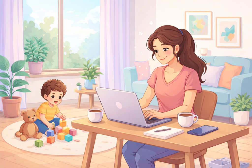 Freelance vs. trabajo fijo: mamá trabajando desde casa mientras su hijo juega feliz