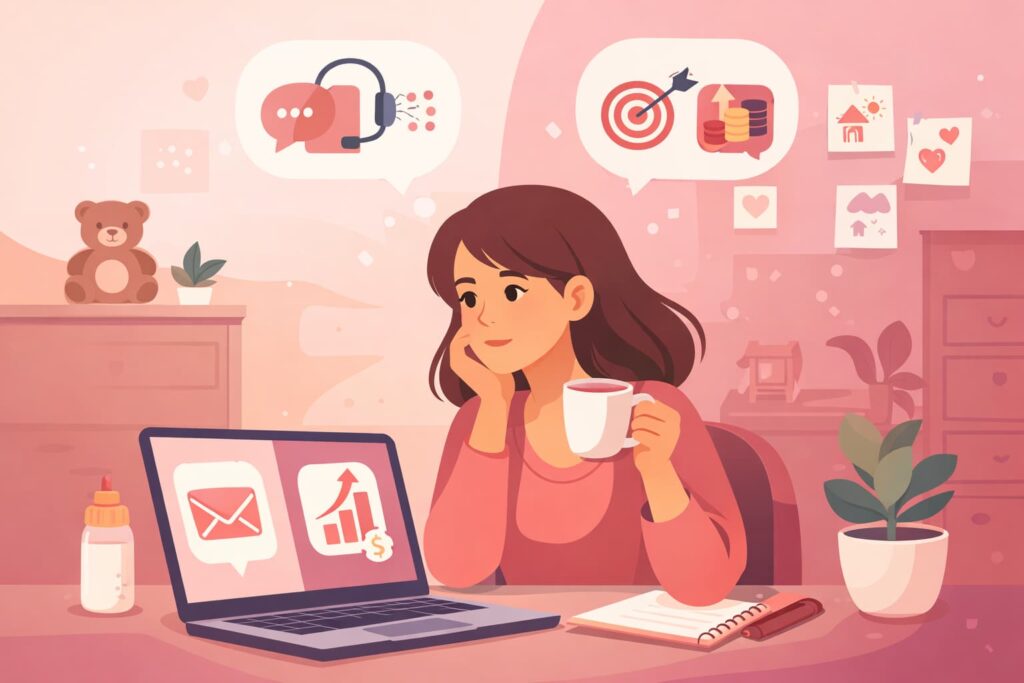 mamá evaluando tarifas de asistente virtual y closer de ventas